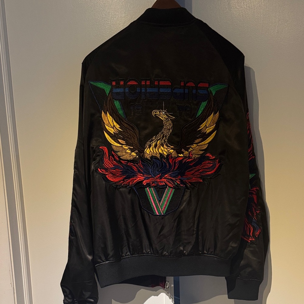 Replay Black Bomber Jacket with Embroidered Design reversible